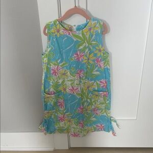 Lilly Pulitzer Girls Floral Elephant Print Shift Dress in Aqua, Pink & Lime